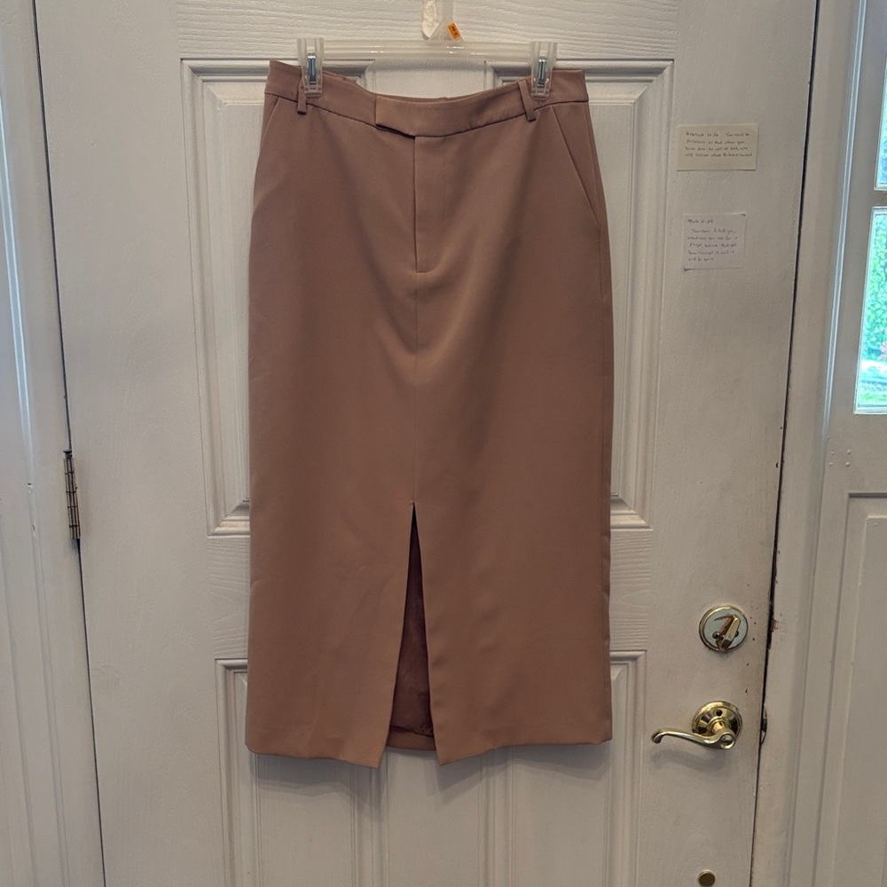 Tailored Taupe Midi Pencil Skirt with Front Vent